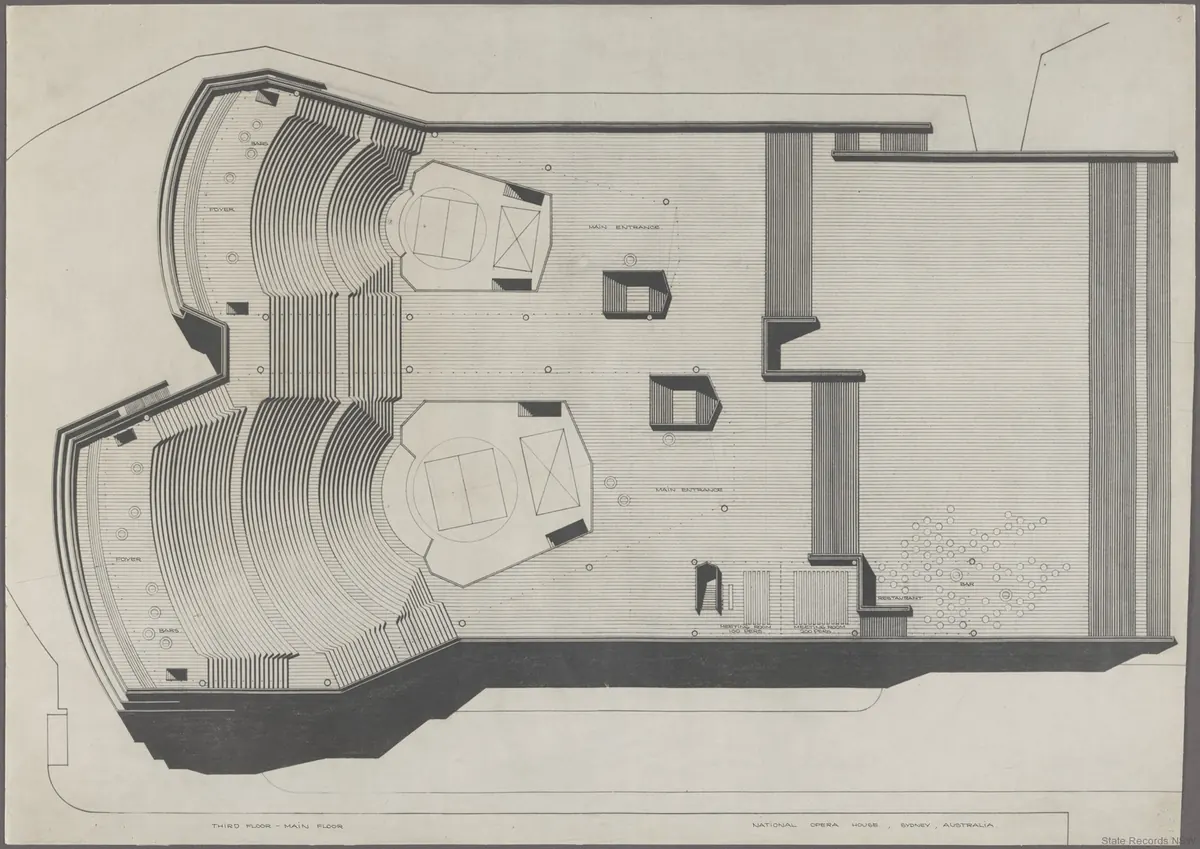 A black and white architectural drawing of the main floor of the National Opera House at Bennelong Point, showing two halls side by side